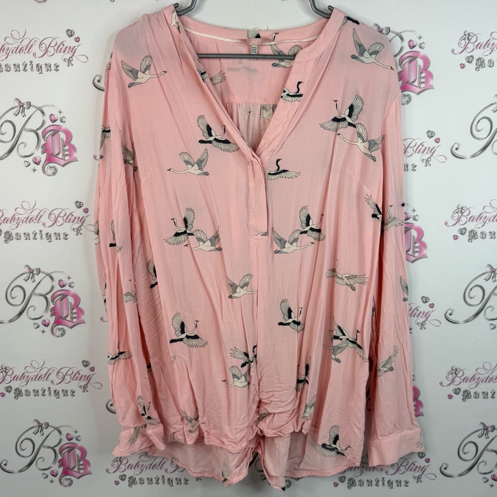 Joules long sleeve shirt, birds, black white Pink Top with Swan Design